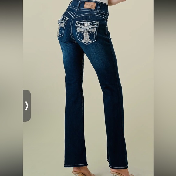 Y Jeans NWT Flare Leg Cross Embroidered Pocket Jeans - Picture 6 of 8